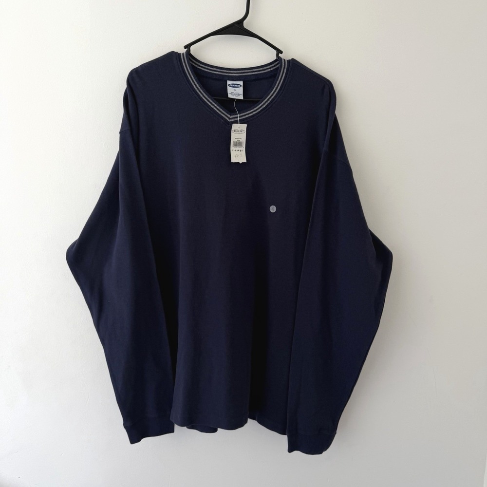 Y2K Ribbed Cotton Sweater XL Navy Gray Striped Boxy Heavyweight Indie Normcore